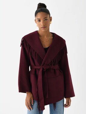New! Jonathan Simkhai Fringed Wrap Belted Sweater Coat - Burgundy